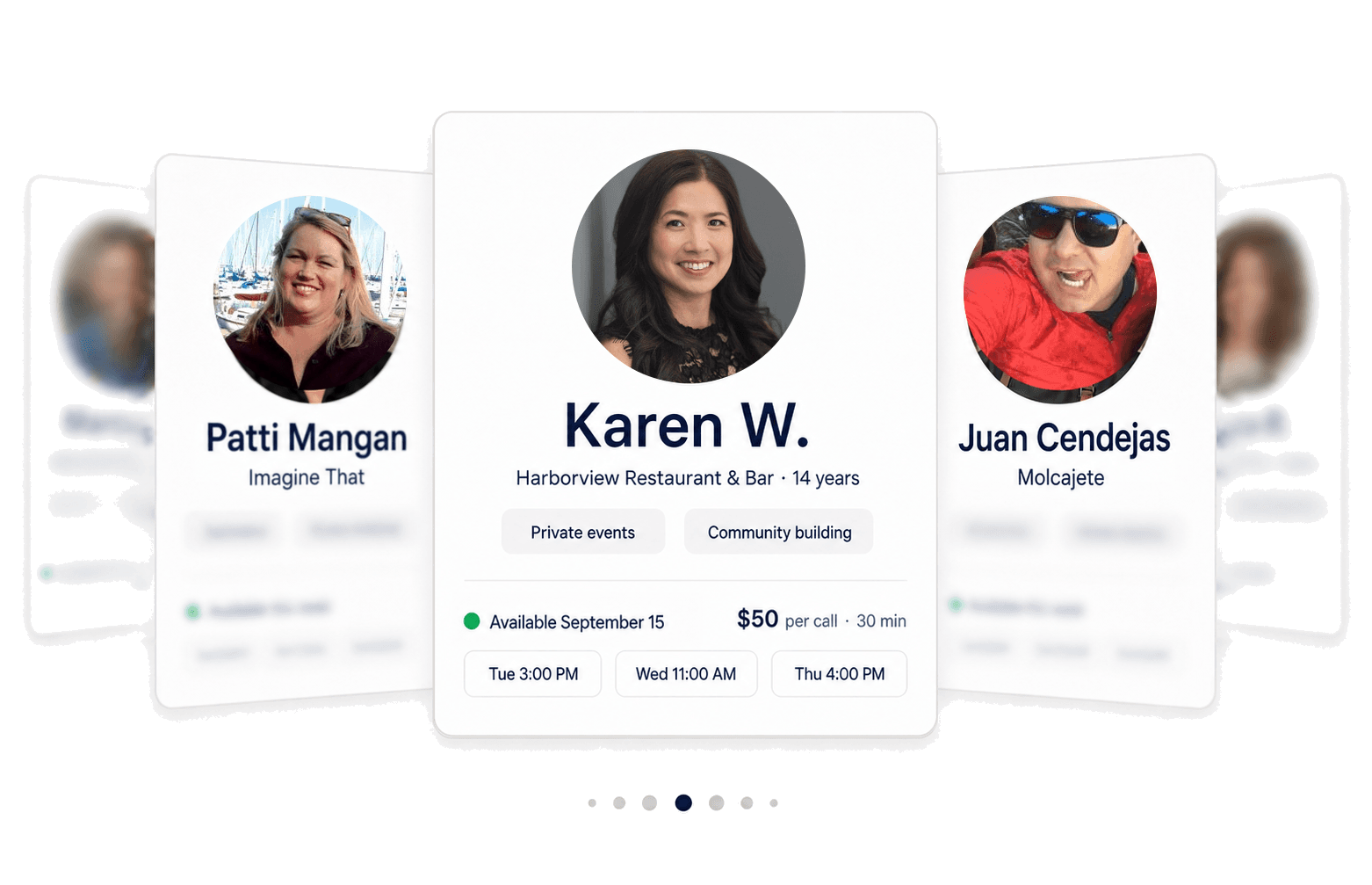 Mainstep Elder profiles featuring Karen W. of Harborview Restaurant & Bar, Patti Mangan of Imagine That, and Juan Cendejas of Molcajete